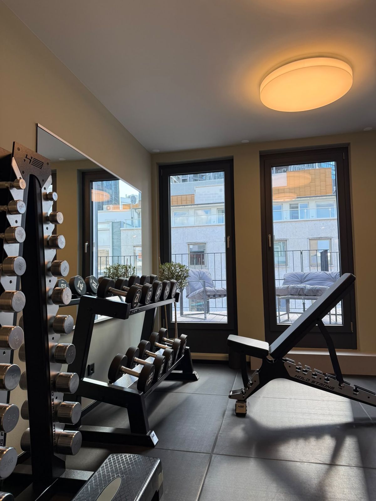 Heller Trainingsraum der PhysioNova Privatpraxis für Physiotherapie in Frankfurt mit Kurzhanteln, Hantelbank und Blick über die Stadt